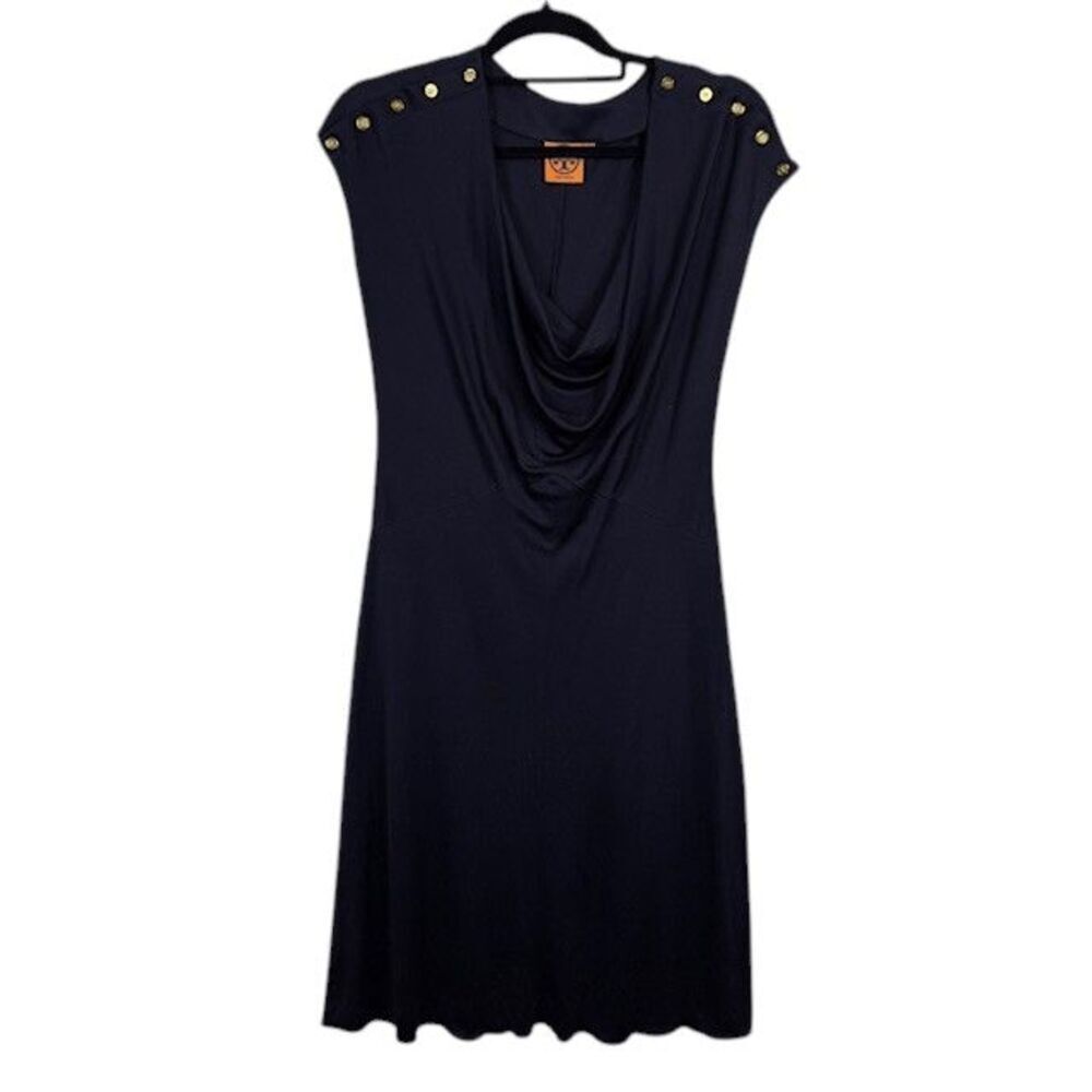 Tory Burch Drape Neck Sheath Dress Gold Button 100% Silk Navy Blue Small
